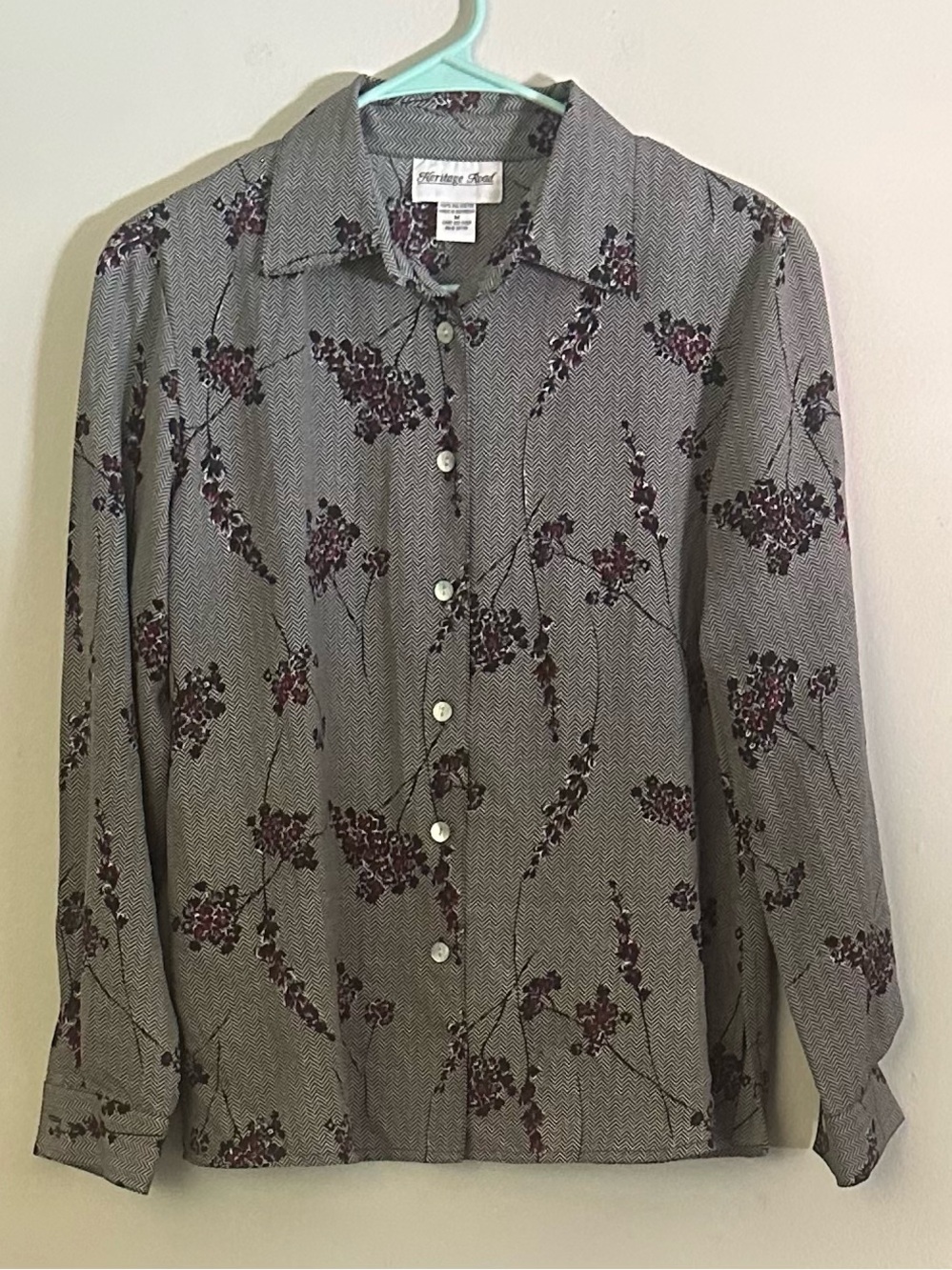 Heritage Gray Button-Up Shirt with Burgundy Floral Print